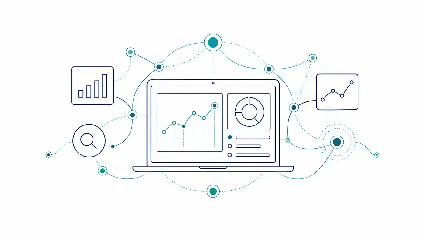 Line illustration of a laptop dashboard surrounded by charts and data nodes