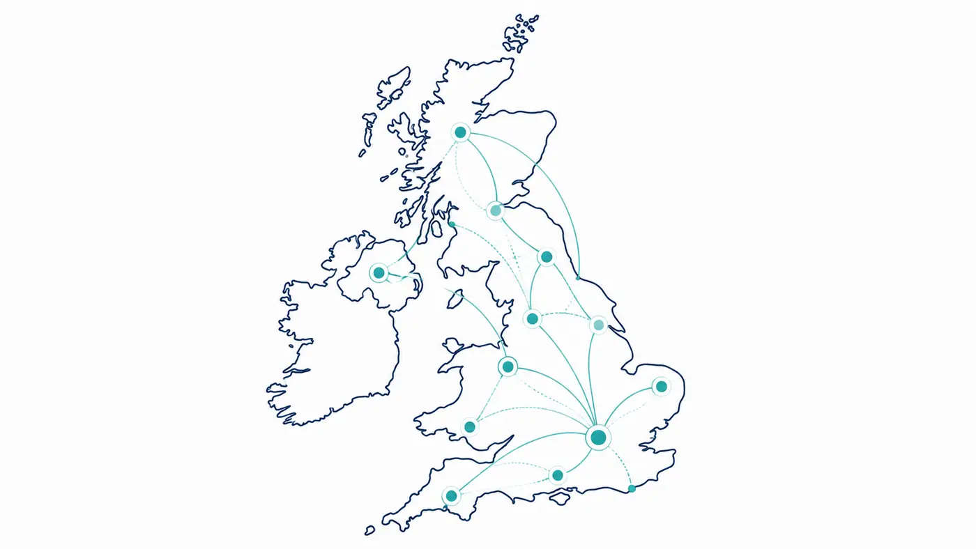 Network map of the UK with connected branch locations